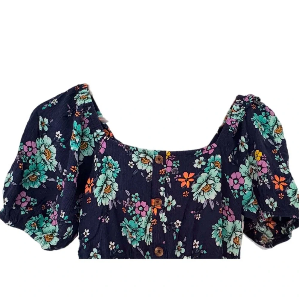 Justice Floral‎ Dress Kids Size L 12/14 Navy Blue Excellent Puff Sleeve Smocked